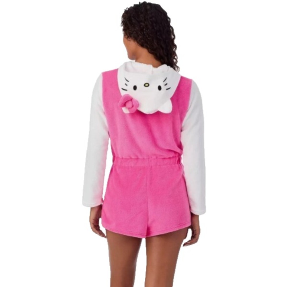 NWT Women's Large Hello Kitty Romper Pajamas w/Hood Sanrio Pink One Piece - Cute - Picture 2 of 4